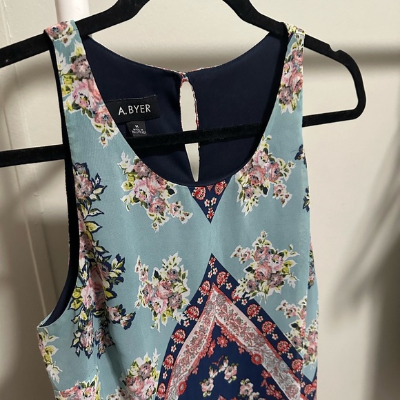 A. Byer Blue Floral and Chevron Sleeveless MIDI Shift Dress size medium - Picture 2 of 7